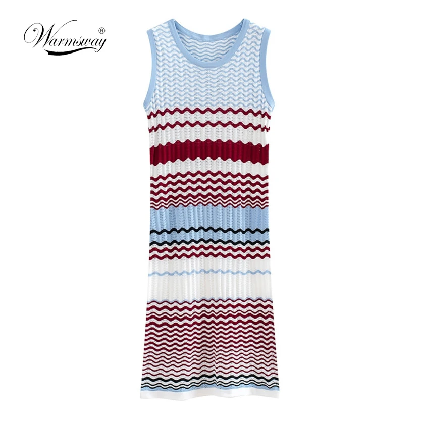 High Stretch Tank Robe Summer 2018 Elegant Women Sexy Dresses O-neck Sleeveless Slim Thin striped wave knit Vestidos  B-155