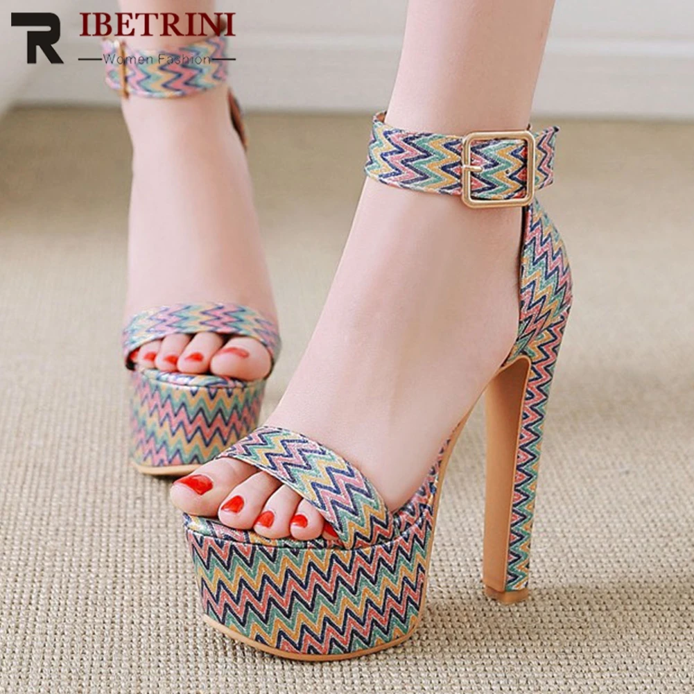 

RIBETRINI New Fashion Colorful Weave Ankle Wrap Sandals Woman Summer Party Platform High Heels Women Shoes Woman Plus Size 33-48