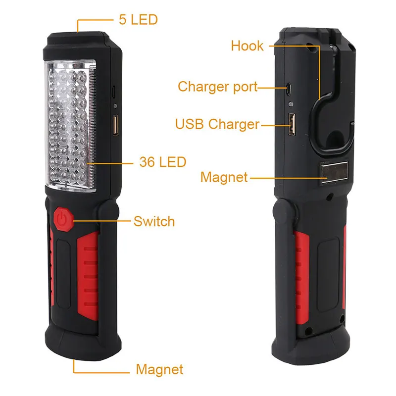 

36+5 LED Work Emergency Light Magnetic Working Inspection Lamp With Hook Magnet Outdoor Torch LB88