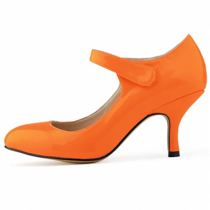 Новая повседневная женская обувь на крючках, 14 цветов лаконичные туфли на высоком каблуке из лакированной кожи с круглым носком женские офисные туфли на низком каблуке - Цвет: Оранжевый