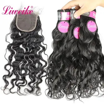 

Liweike Natural Wave 3 4 Bundles With 4*4 Closure Brazilian 100% Remy Human Hair Weaves Extensions Hair Weft Natural 1B Color