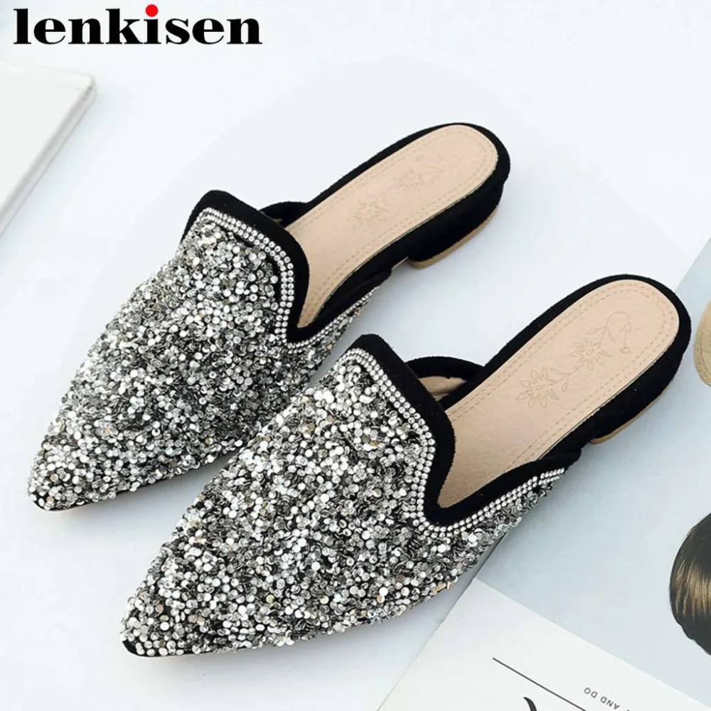 

Lenkisen new sequined microfiber oxford pointed toe slip on mules low heels concise large size superstars outside slippers L56