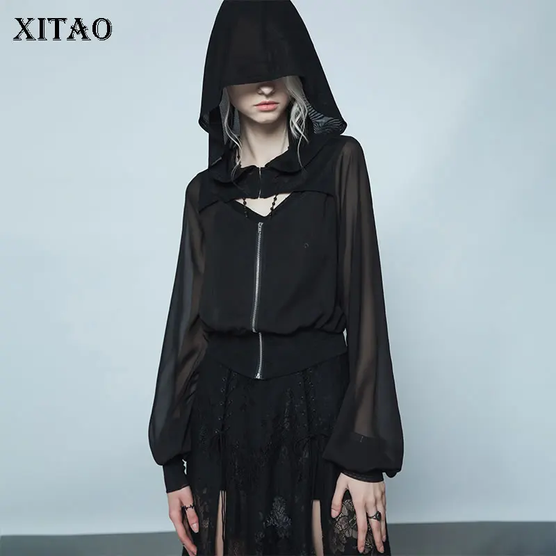 [XITAO] 2018 New Summer Europe Fashion Women Hooded Collar Full Sleeve Tops Female Solid Color Perspective Sweatshirts KZH1656