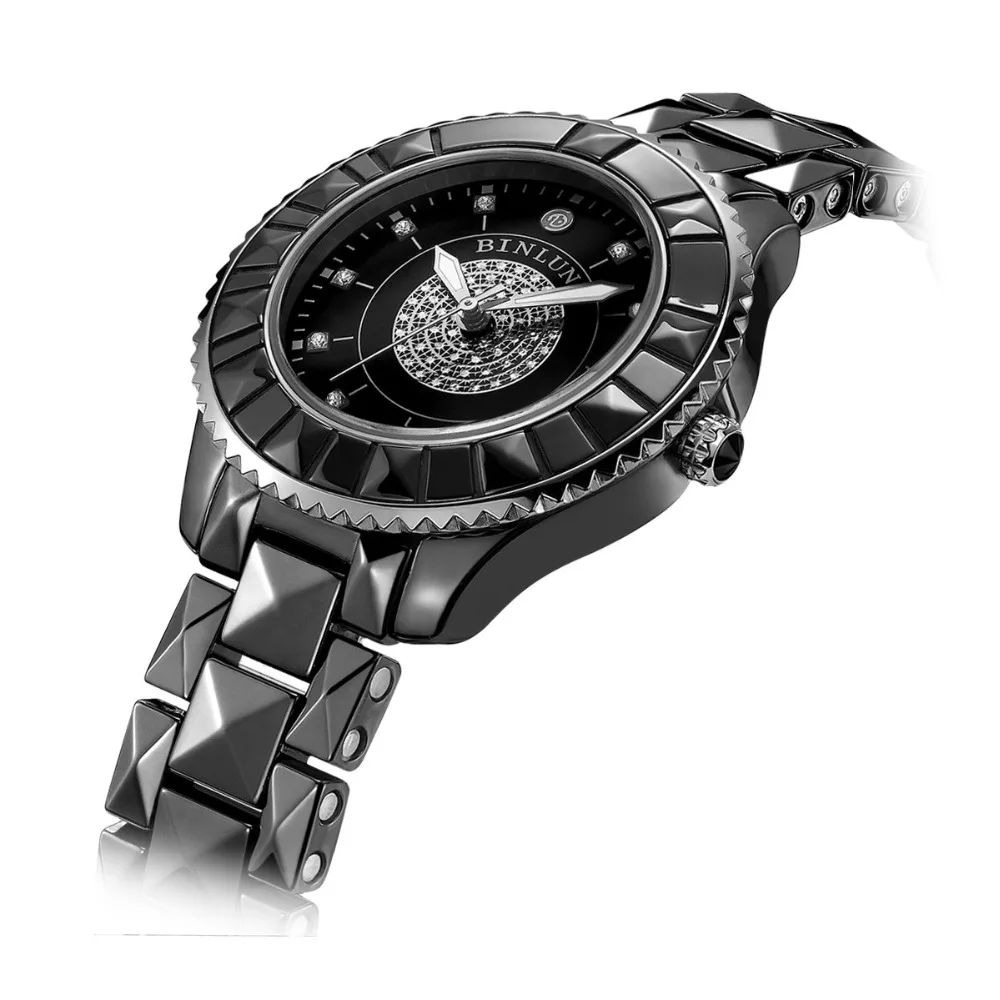 BINLUN чисто белые керамические женские кварцевые часы элегантные дамские часы с бриллиантовым циферблатом водонепроницаемые Роскошные керамические часы с защитой от царапин