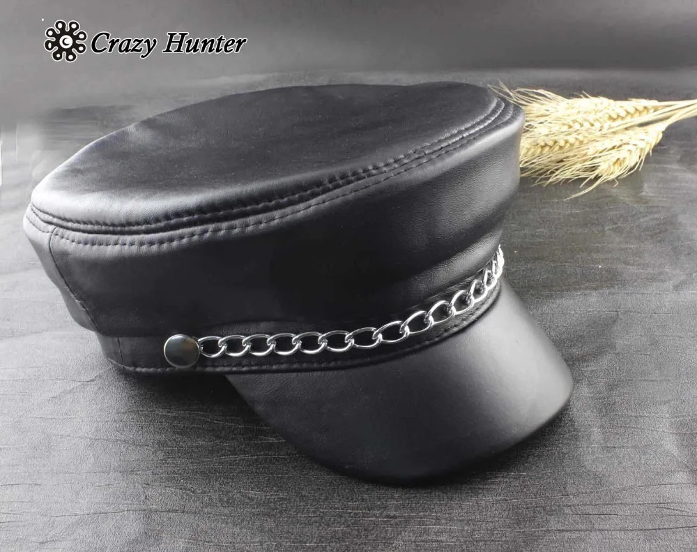 Mens Genuine Sheepskin Leather Hip Hop Motorcycle Biker Punk Rock Cap