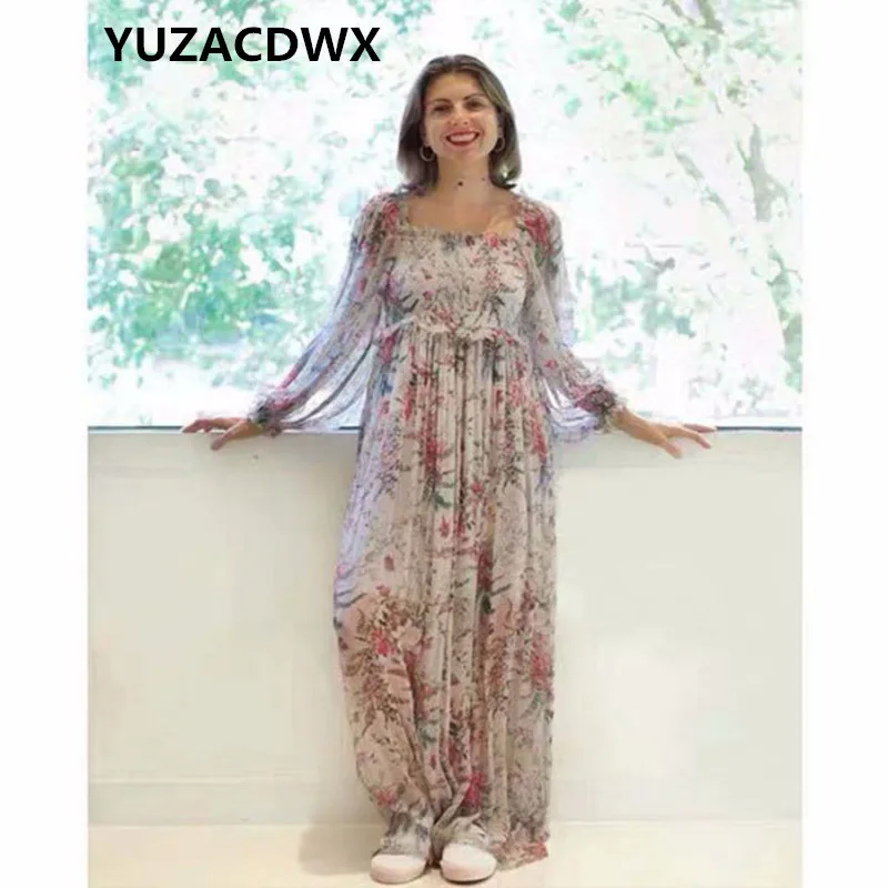

2019 New Runway Spring Summer Long Sleeve Maxi Dress Fashion Women's Romantic Beach Vacation Bohemian Flower Print Maxi Dresses