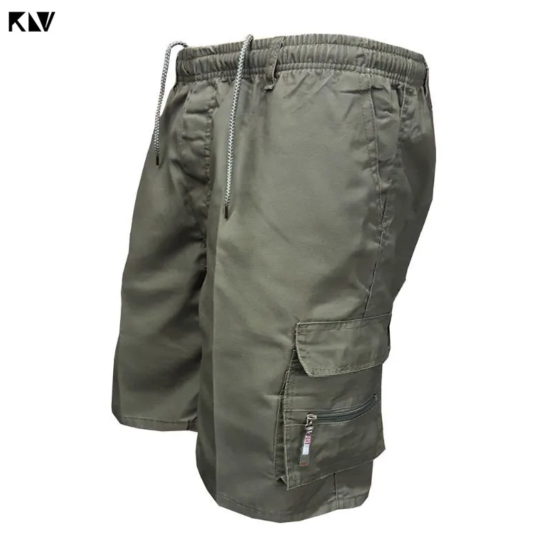 KLV мужские большие размеры Летние Мульти накладные карманы шорты однотонный с кулиской Свободные повседневные до колена пляжные спортивные брюки хаки
