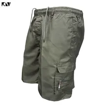 KLV мужские большие размеры Летние Мульти накладные карманы шорты однотонный с кулиской Свободные повседневные до колена пляжные спортивные брюки хаки