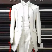 Белый с золотом линии смокинг для жениха заказ Настоящее образец костюмы для Свадьбы вечерние мужские пиджак пользовательских