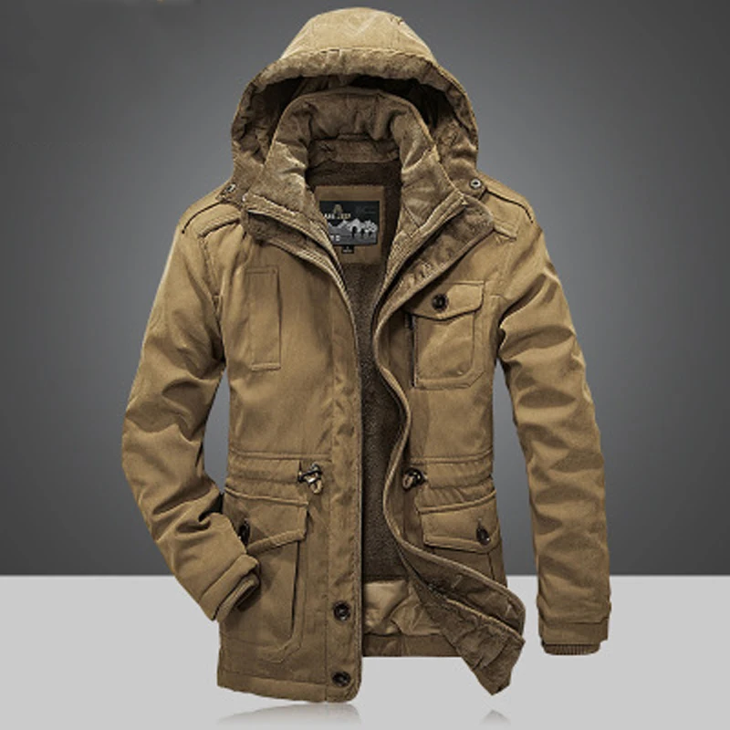  2018 Men's Winter Thicken Warm Hooded Military Brand Army Green Jacket Coat Men Cotton afs jeep kha
