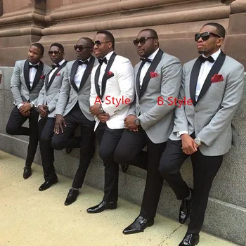 

light grey or White Jacket Pants Tie mens Tuxedos with Black lapel best men suits Custom Made Groomsmen suits
