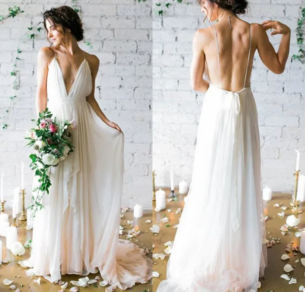 

Beach Boho Wedding Dress 2019 Simple Sexy Backless Spaghetti Straps Deep V Neck A Line Chiffon vestido de noiva robe de mariee