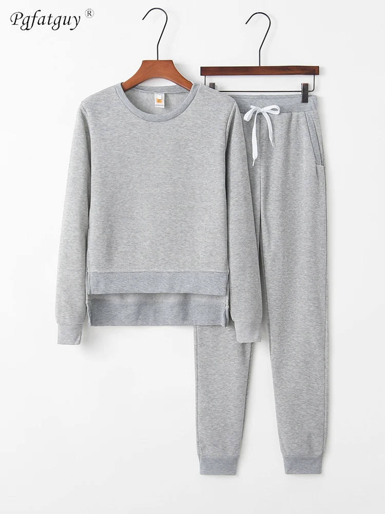 

2019 Autumn Gray Black Blue Long Sleeve O Neck Irregular Sweatshirt + Long Pants Two Pieces Women's Set Sporty Tracksuit Outfits