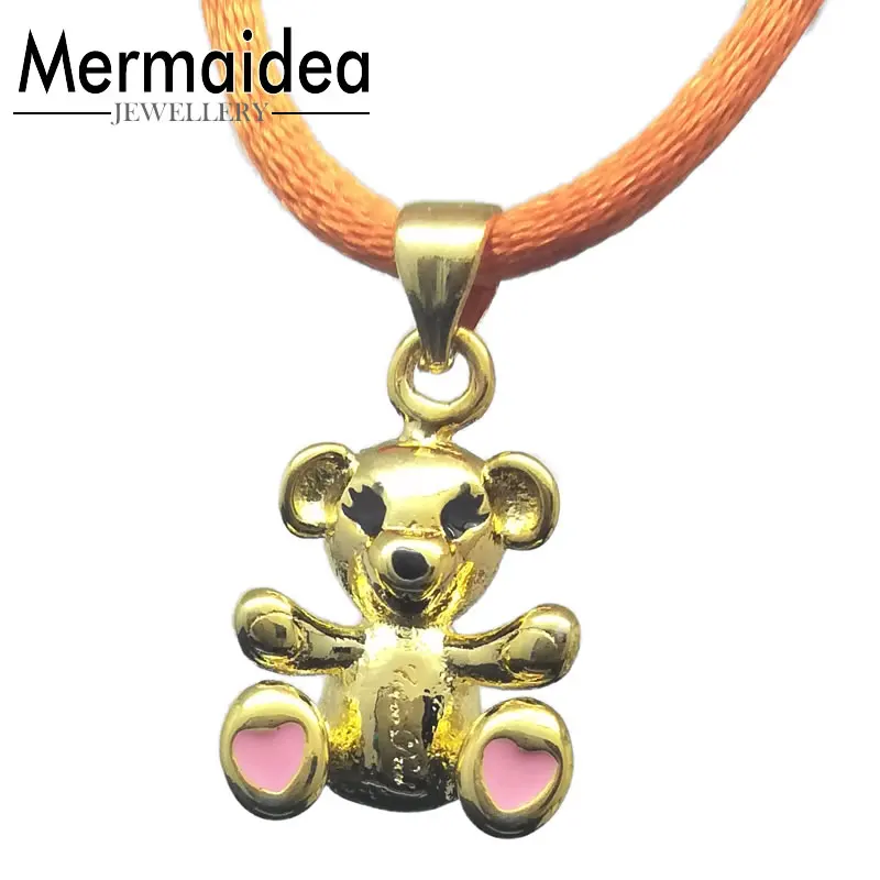 

Golden Loving bear pink heart Pendant & Faux ribbon rope chain Necklace new lovely fashion Jewelry gift for kids Women children