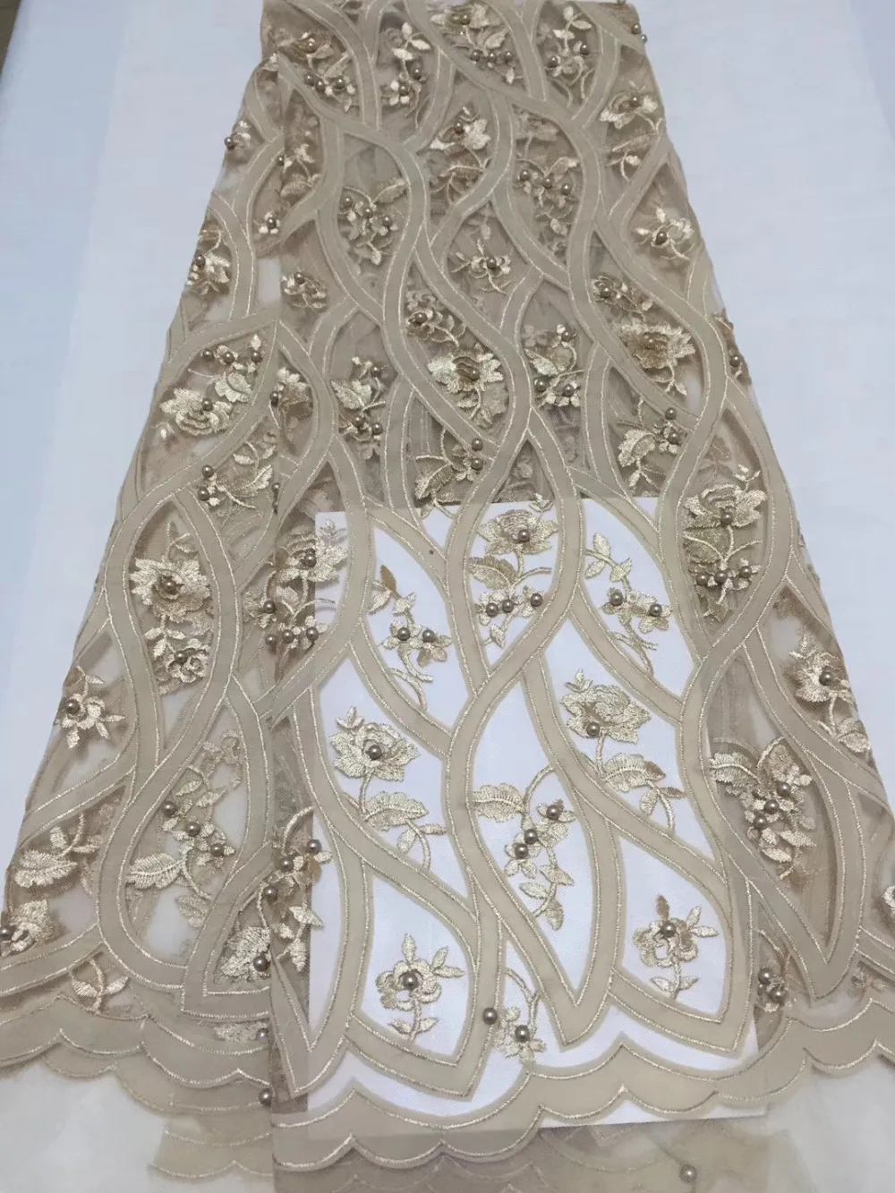 

High Quality Guipure Embroidery African Lace Fabric 2018 Pearls French Lace Fabric Tulle Beaded Nigerian Lace Fabrics