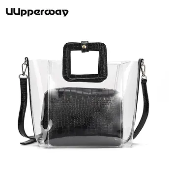 

Women Bucket Bags Plastic Transparent Totes Bag 2 Piece Set Composite Shoulder Bag Female Summer Beach Jelly Handbags Travel Bag