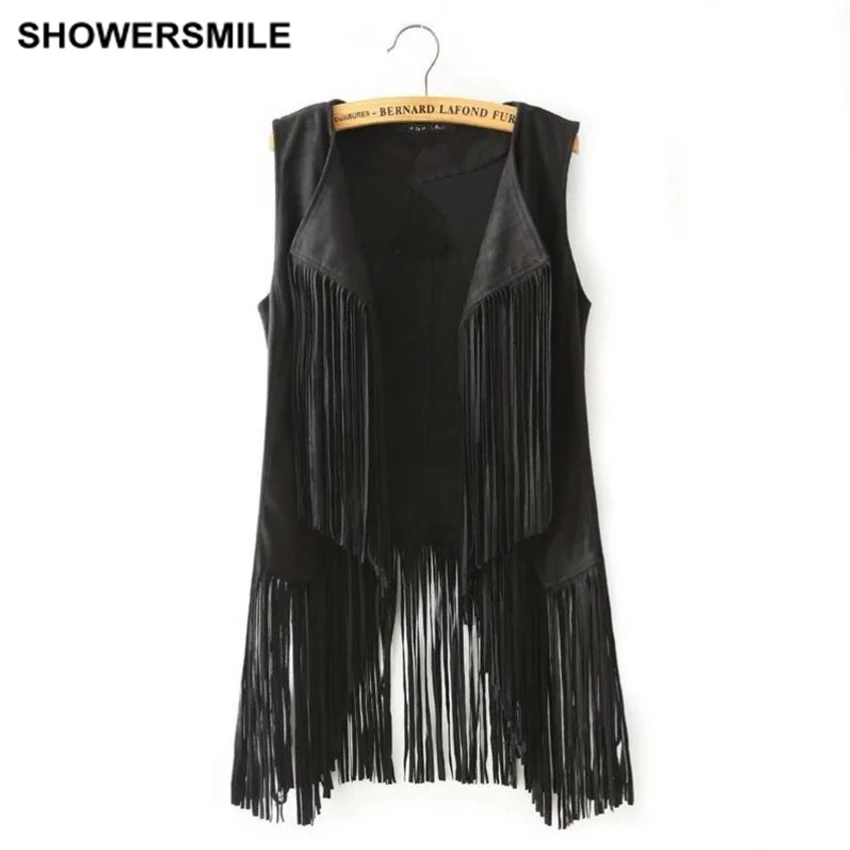 Women Fringe Vest Faux Suede Sleeveless Jacket Tassel Ethnic Waistcoat Khaki Black Spring Ladies Gilet Fashion Female Clothing