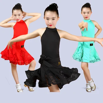 

Latin Dance Dress Girls Lace Skirt Sleeveless Competition Ballroom Dancing Dresses Kids Practice Wear Stage Dancewear DN2215