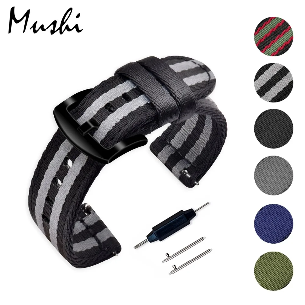 

Mushi Watchband James Bond 007 18mm 20mm 22mm 24mm Nato Strap Watch Band Men Silver Pin Buckle Canvas Watch Strap with tools