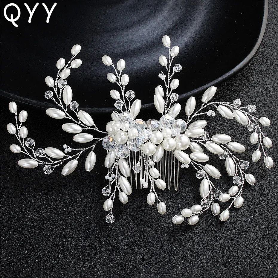 

QYY Fashion 2019 Wedding Women Hair Clips White Peals Austrian Crystal Hair Combs Handmade Flower Vine Bride Head Accessories