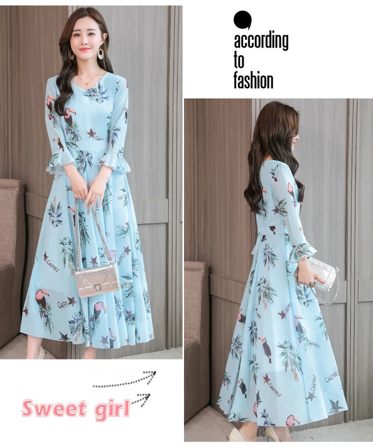 High quality Autumn New Arrival Plus Size S-XXXL Fashion V Collar Flare Sleeve Flower Printed Woman Long Chiffon Dress