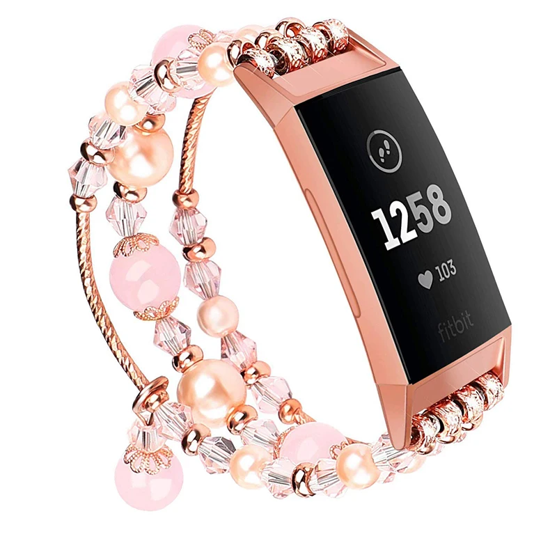 Baaletc Women Strap For Fitbit Charge 3 Jewelry Crystal Beads Bracelet for Fitbit Charge 3 Band Replacement with Rose Gold Color (1)