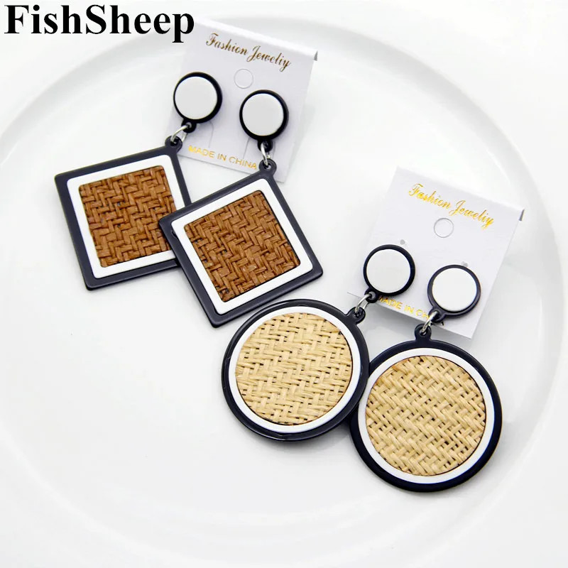 Женские серьги подвески из тканой травы FishSheep винтажные геометрические