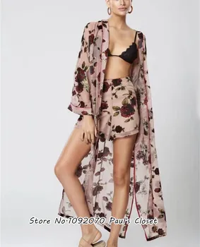

Women Burnout Velvet Floral Print Kimono Dress Holiday Beach Wear Bikini Cover