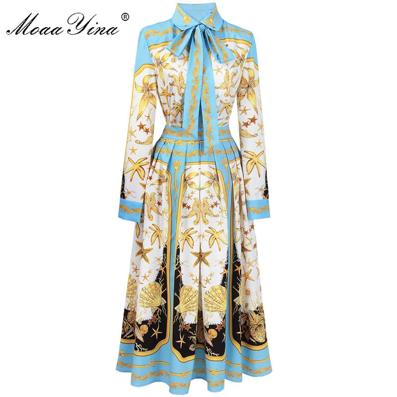 

MoaaYina Fashion Designer Runway Set Spring Women Starfish Shell Print Ribbon Casual Holiday Shirt+Beach Pleated Skirt Set
