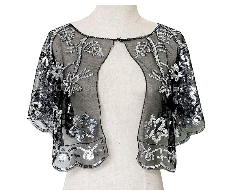 Women Glittering 1920s Shawl Wraps Sequin Beaded Evening Cape Bolero Flapper Cover Up (9)