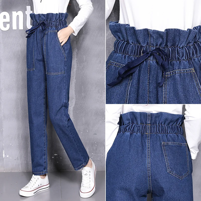 2018 Autumn winter new flower buds loose waist curling jeans women street fashion girls pants black high waist boyfriend jeans