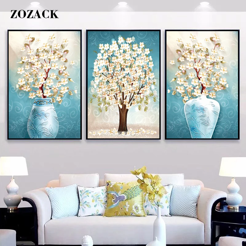 

Zozack New DMC DIY Chinese Cross Stitch Kits Embroidery Needlework Sets Nordic Fortune Tree Triptych Printed Patterns Home Decor