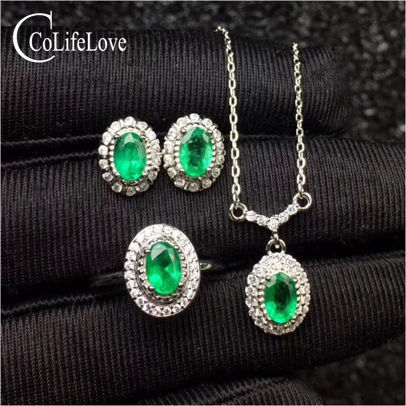 Classic emerald jewelry set for evening party real natural emerald earrings ring pendant set 925