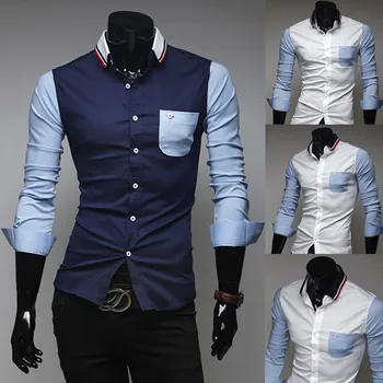 

Brand New Men's Casual Shirt Social Patchwork Color Shirt Full Sleeve Turn Down Collar