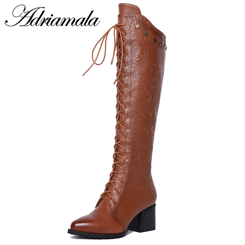 2018 Genuine Leather Ladies High Heel Boots Pointed Toe Square Heel Cow Leather Women Black Knee Hight Boots Adriamala цена 2018 Genuine Leather Ladies High Heel Boots Pointed Toe Square Heel Cow Leather Women Black Knee Hight Boots Adriamala цены онлайн