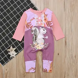 Горячая новорожденных для маленьких девочек розовый белка печати костюм ползунки комбинезон 2018 Осень Весна комплект одежды милый
