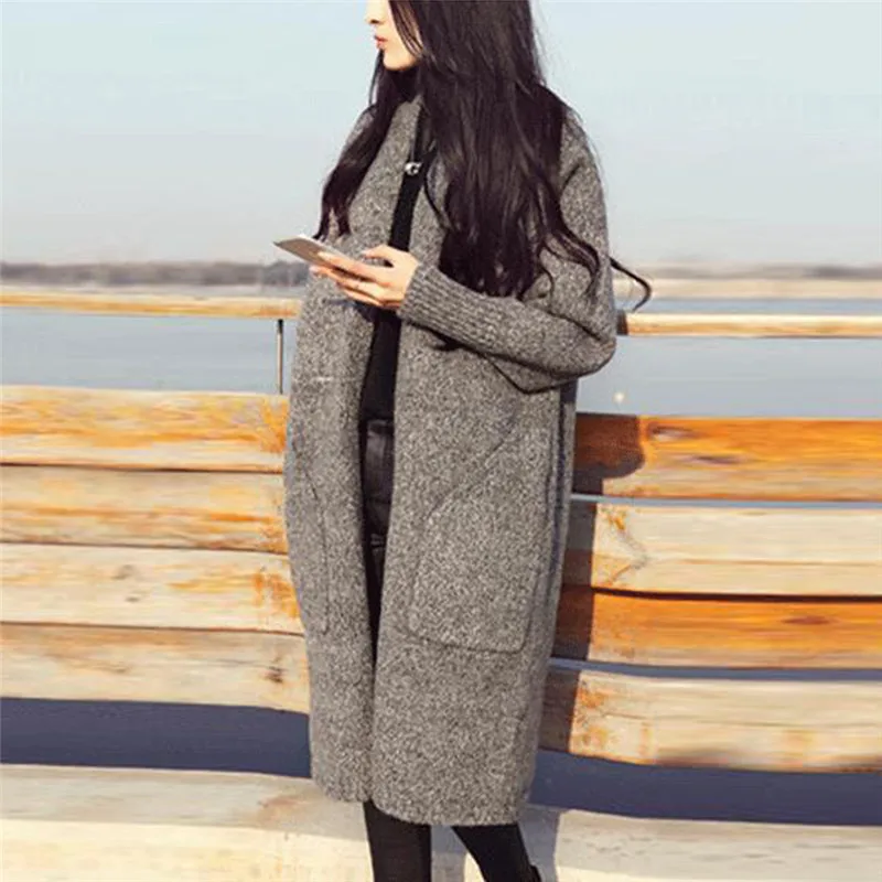 Осень Зима длинный кардиган с длинным рукавом Женские свитера повседневное теплое Женское пальто Вязаная верхняя одежда трикотаж Casaco Okd241