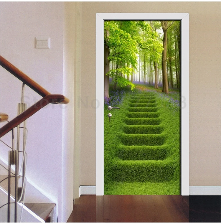 Зеленая Деревянная полянка, наклейка на дверь, ПВХ, водостойкая, самоклеящаяся, съемная дверь для гостиной, 3D обои, плакат для домашнего декора