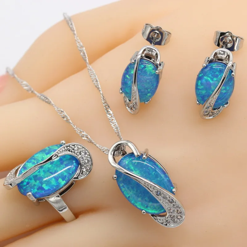 

3pcs 925 Sterling Silver Jewelry Sets For Women Long S Shape White Fire Australia Opal Pendant Rings Stud Earrings Free Gift Box