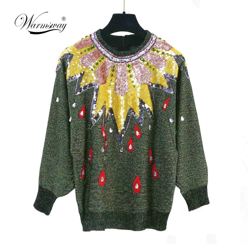 Exquisite beaded metal texture embroidered pullover sweater 2018 winter women