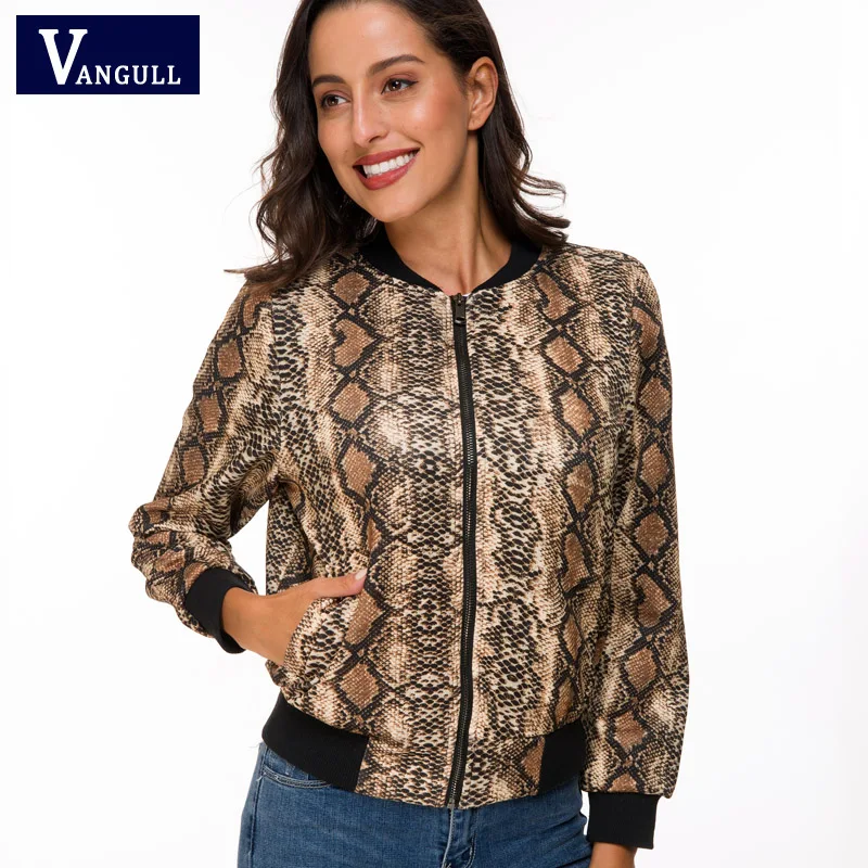 Vangull الأفعى الجلد طباعة سستة إغلاق Sreetwear المرأة الستر 2019 العلامة التجارية ربيع جديد طويل الأكمام عارضة سترات للعبة البيسبول