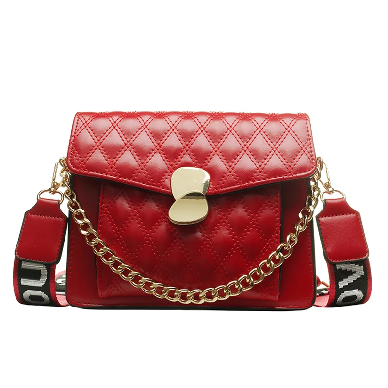 

Women Plaid Leather Purses And Handbags Letter Wide Strap Red Crossbody Bag High Quality Women Chain Shoulder Bag Sac Main Femme