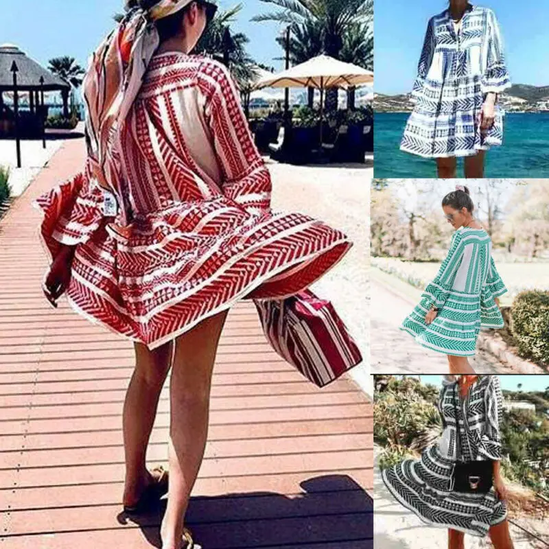

2019 HIRIGIN Fashion Summer Women's Boho Floral Printed Short Dress Casual Beach Loose Mini Sundress
