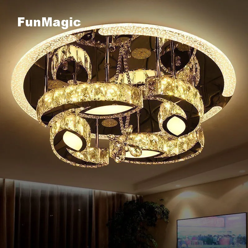 

24in Modern Romantic Diamond Crystal Bright LED Ceiling Lights Living Room Bedroom Round Ceiling Lighting Surface Mount LED Lamp