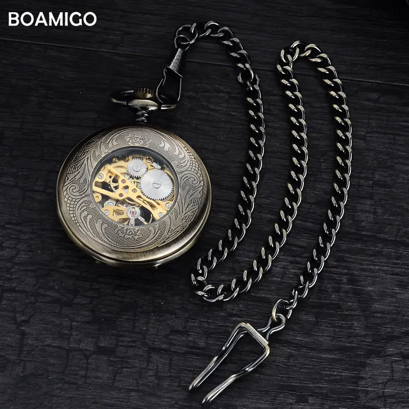 FOB, мужские карманные часы, антикварные механические часы, BOAMIGO, скелет, римские цифры, часы, медная звезда, дизайнерские часы, reloj hombre