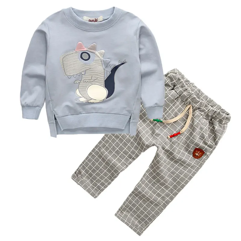 

Casual Long Sleeves T-shirt+plaid Pants 2pcs Spring Autumn Kids Cartoon Banner Dragon Clothing Set Boy and Girl