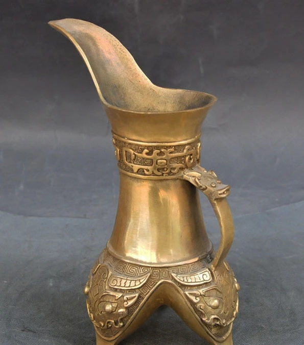 

9" Chinese Dynasty Pure Brass Dragon head Wine vessel wineglass Drinking Vessels