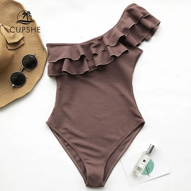 US $14.07 CUPSHE Falbala One-piece Swimsuit Women Brown Ruffle One-shoulder Monokini 2020 Girl Solid Beach Ba