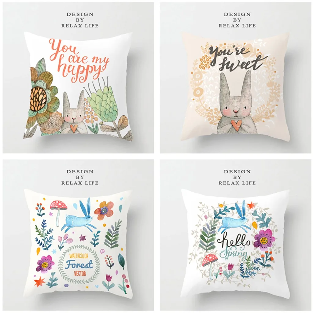 Quneed Pillow Case 45*45 Easter Sofa Bed Home Decoration Festival Square Pillow Case Cushion Cover Easter Bunny Rabbit