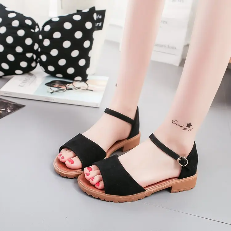 

Spring 2018 New Fish-beak Suede Sandals with One Word Buckle with Low Heel Thick Heel Women's Shoes